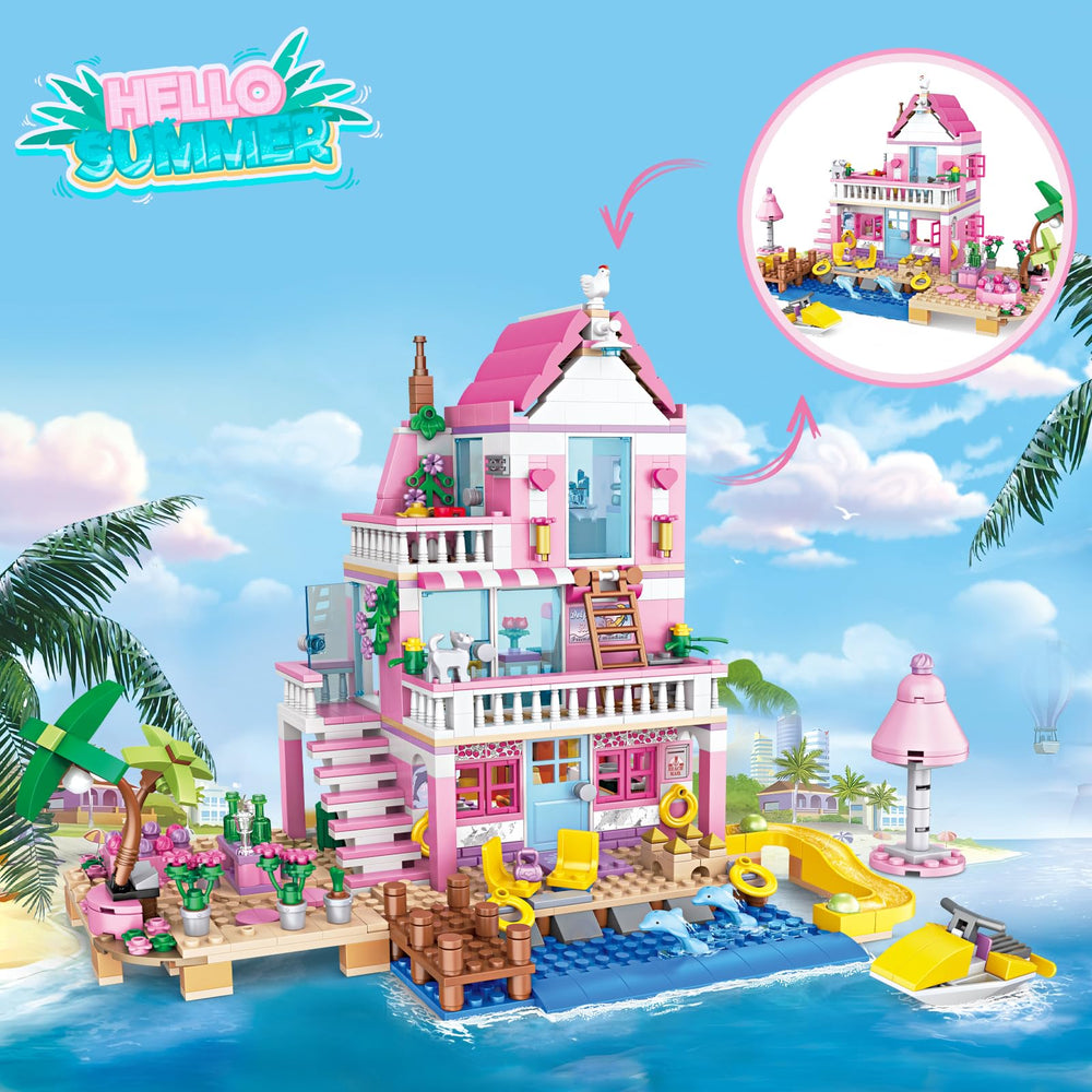 HSANHE pink girls seaside villa exterior showcases sturdy design for lasting pretend play.