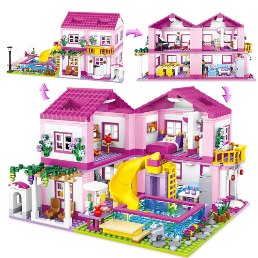 HSANHE pink villa build in progress showing imaginative play and vibrant bricks