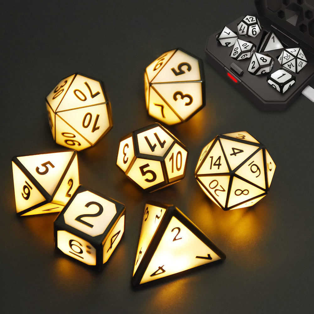 HTPOW light up DND dice set beside charging box for quick recharge.