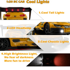 HTURCCOP RC drift car yellow side view showcasing 4WD stability