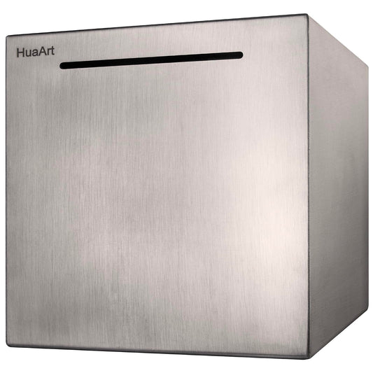 HuaArt piggy bank front view shows stainless steel durability and large capacity.
