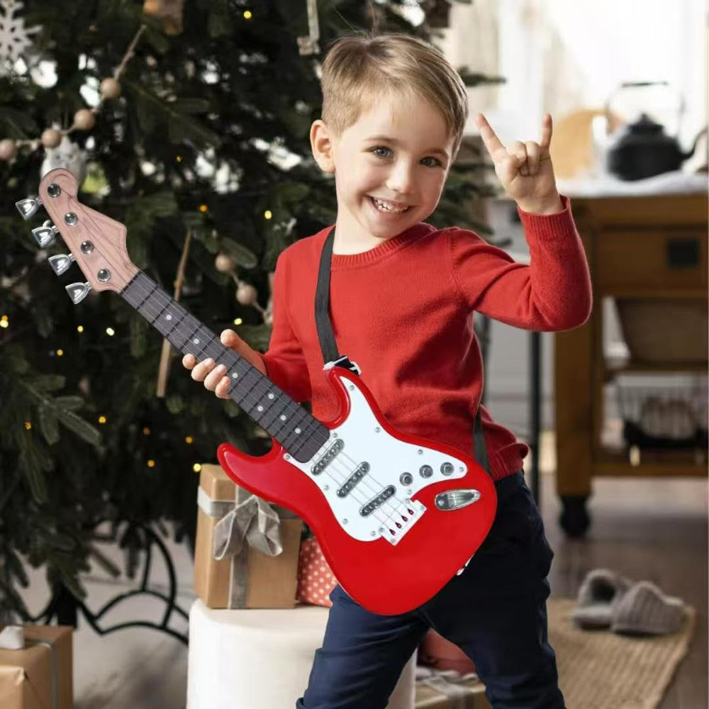 Huang Cheng Toys mini guitar with strap for easy wear during practice.
