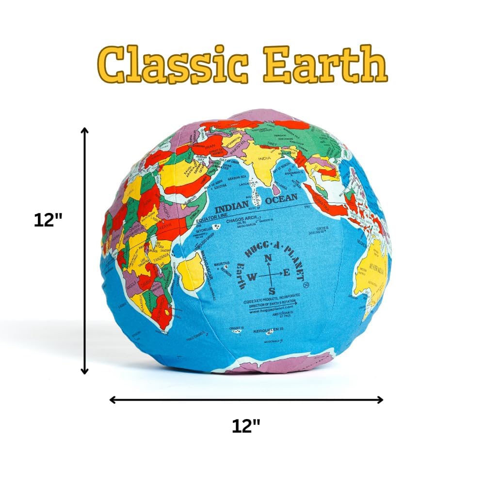 Hugg-A-Planet Classic Political Earth in-use, cozy companion for bedtime stories.