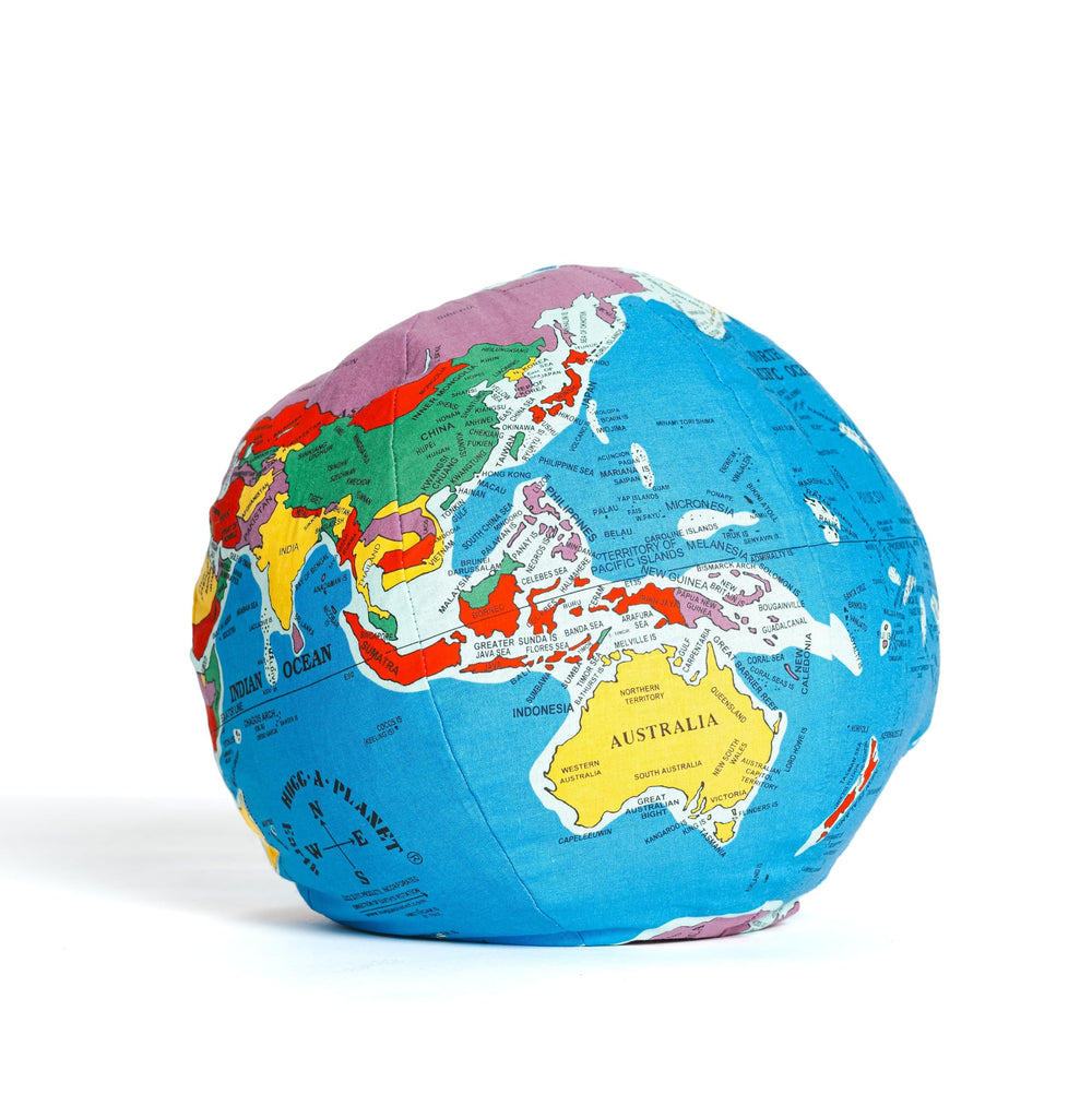 Hugg-A-Planet Classic Political Earth side view, tactile plush texture inviting hands-on exploration.