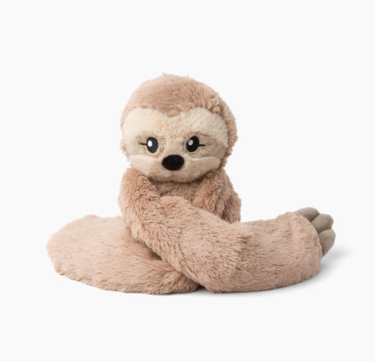 Hugimals Hugarounds Sawyer Sloth warm-wrap with arms outstretched for neck and shoulder comfort.