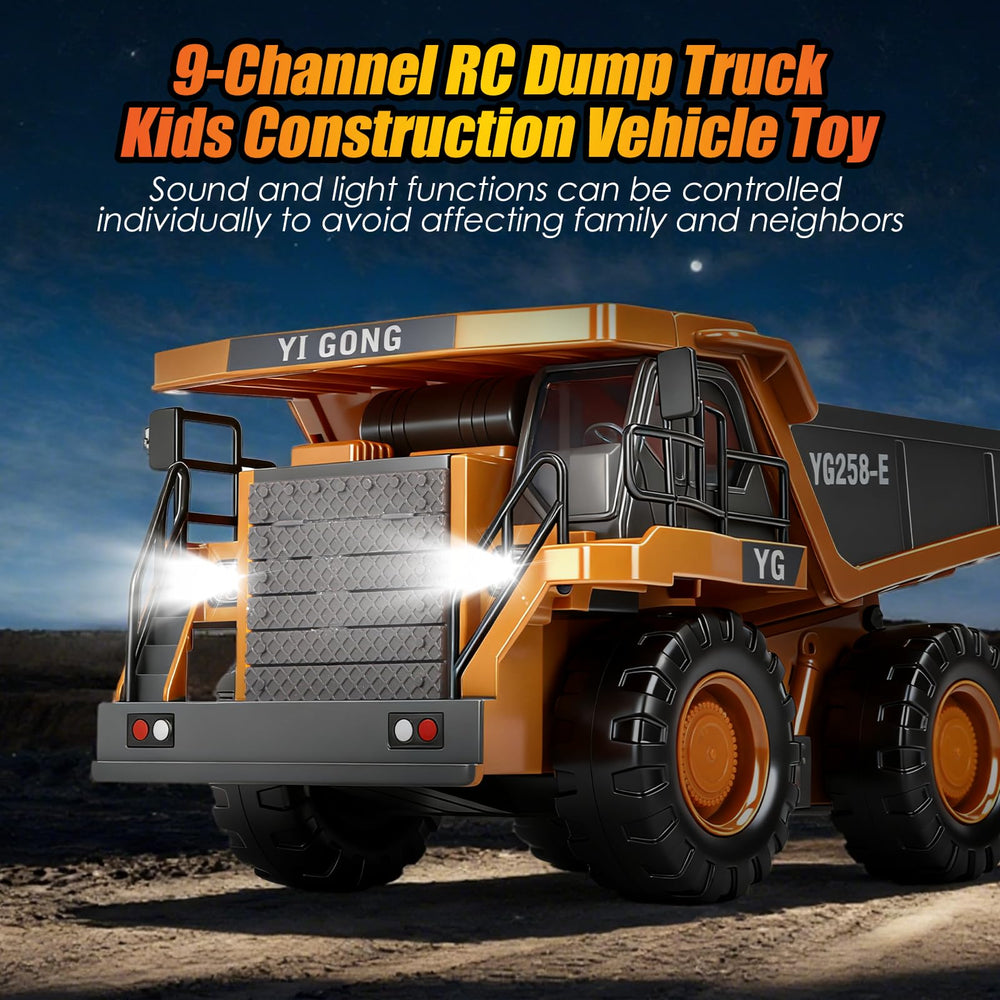 HuiJuKeJi remote dump truck LED lights and engine sounds enhance realism.