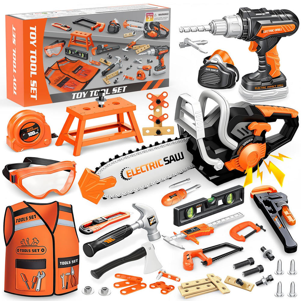 HUITEM Kids tool set drill and chainsaw boosts imaginative play and fine motor skills.