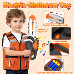 HUITEM Kids tool set rotating chainsaw sounds for immersive pretend play.