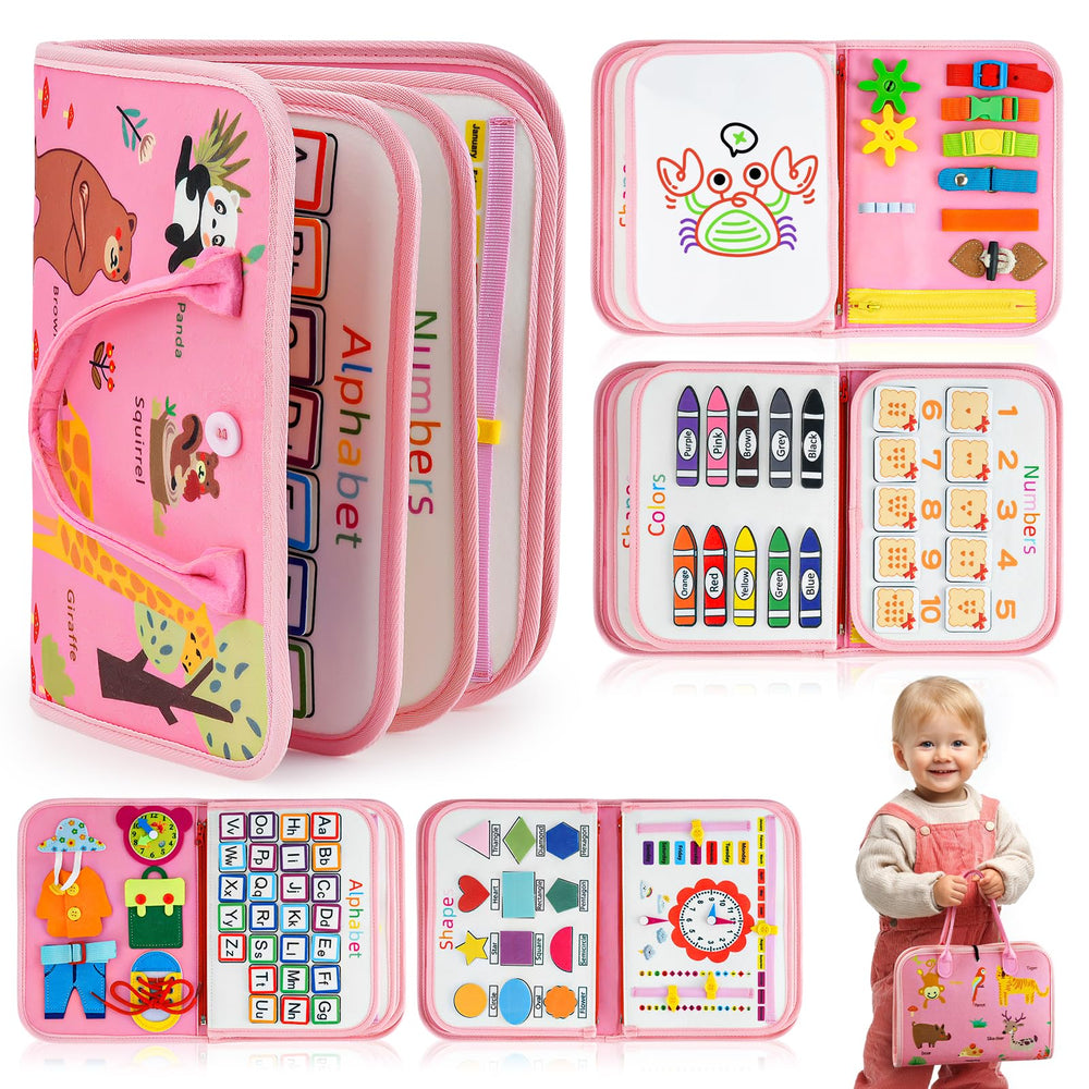 HumorPlay Busy Board shows zippers and buttons for fine motor practice and independent play.