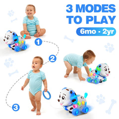 HumorPlay sit-to-crawl mode puppy toy showing colorful lights and music.