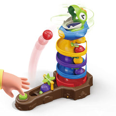 Humzo Dinosaur Ball Drop Tower spins while kids play, boosting coordination