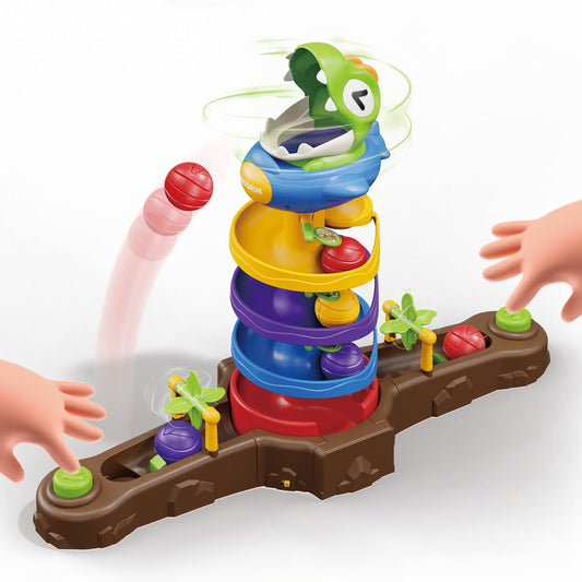 Humzo dinosaur ball drop toy with dino mouth spin enhances hand-eye coordination during play.