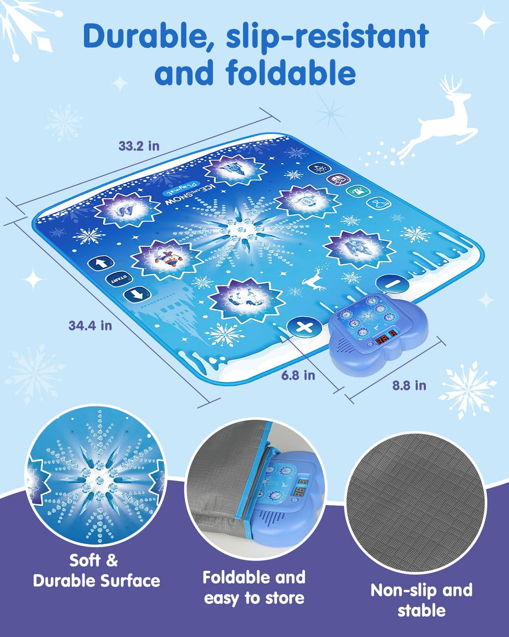 Humzo Frozen dance mat volume controls allow quiet practice or louder parties.