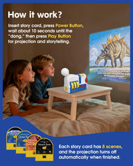 Humzo Story Projection Machine displays prehistoric creatures card to spark curiosity.