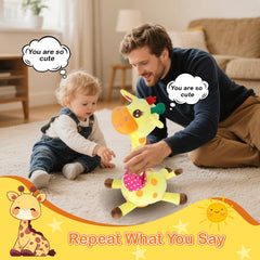 Gentle glowing lights help visual tracking during playtime with the giraffe toy.