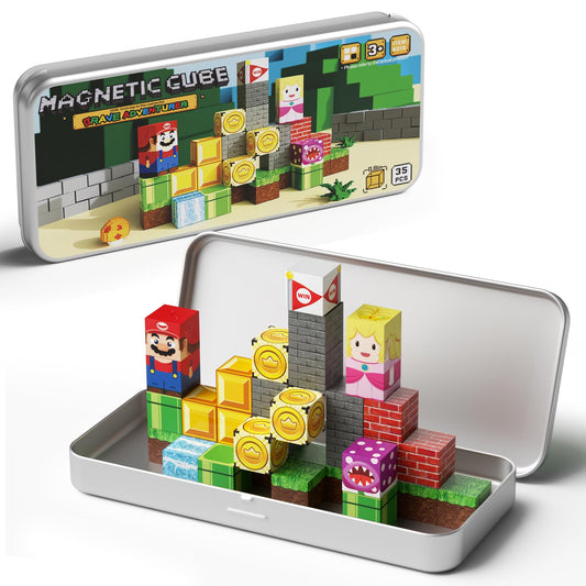 Hunloot magnetic building blocks on a travel desk for kids on the go