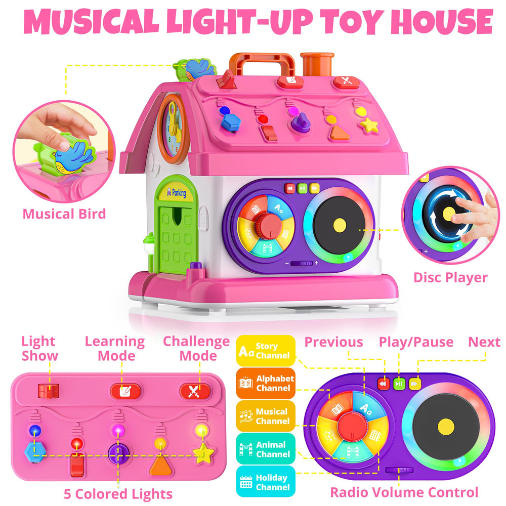 Hurdaos toy house displaying colorful lights to attract visual attention.