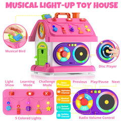 Hurdaos toy house displaying colorful lights to attract visual attention.