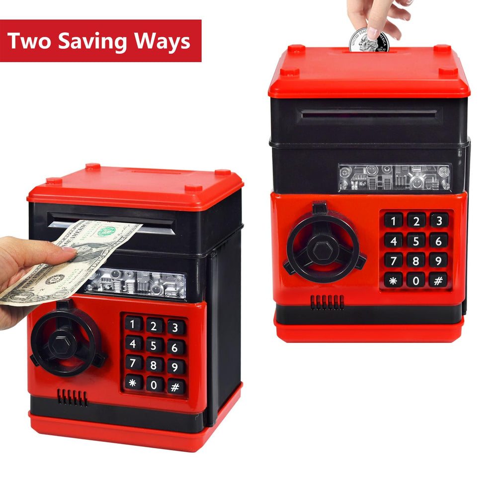 HUSAN piggy bank bill slot shows front loading bills into the safe