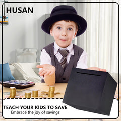 HUSAN piggy bank compact 4.72-inch, side view shows space-saving design for daily savings.