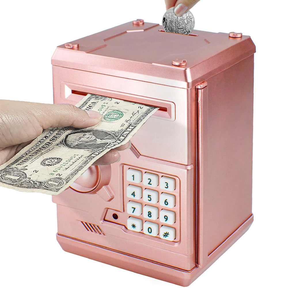 HUSAN Rose Gold Piggy Bank front view with secure storage