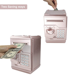 HUSAN Rose Gold Piggy Bank side view showing durable shell