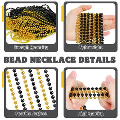 Six black and six gold necklaces create striking color contrast.
