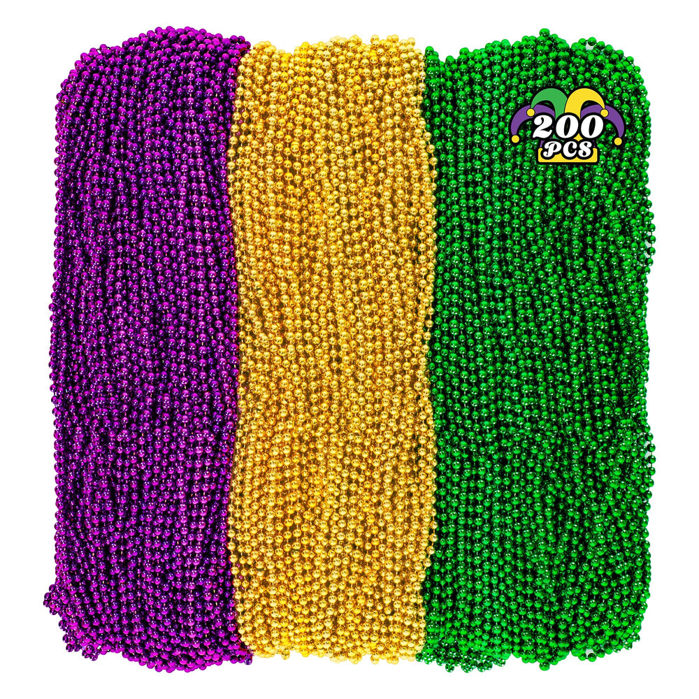 Huskein Mardi Gras beads closeup in purple, green, and gold for festive effect