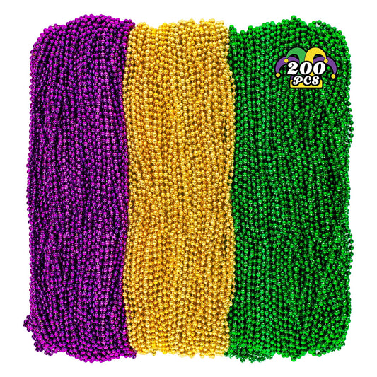 Huskein Mardi Gras beads closeup in purple, green, and gold for festive effect