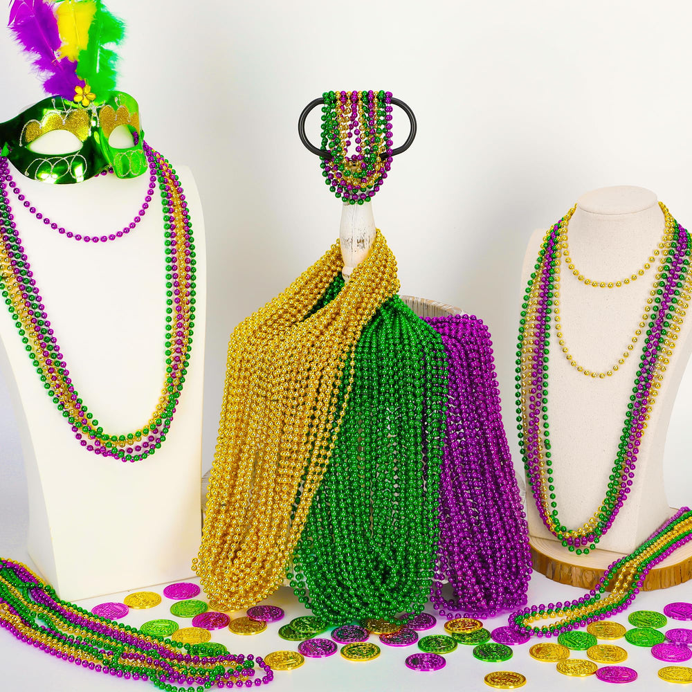 Huskein parade throw beads displayed in purple, green, and gold colors