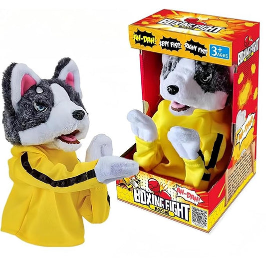 Husky boxing puppet front view in yellow costume, ideal for interactive storytelling