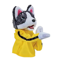 Husky boxing puppet side view in yellow costume, promotes imaginative play