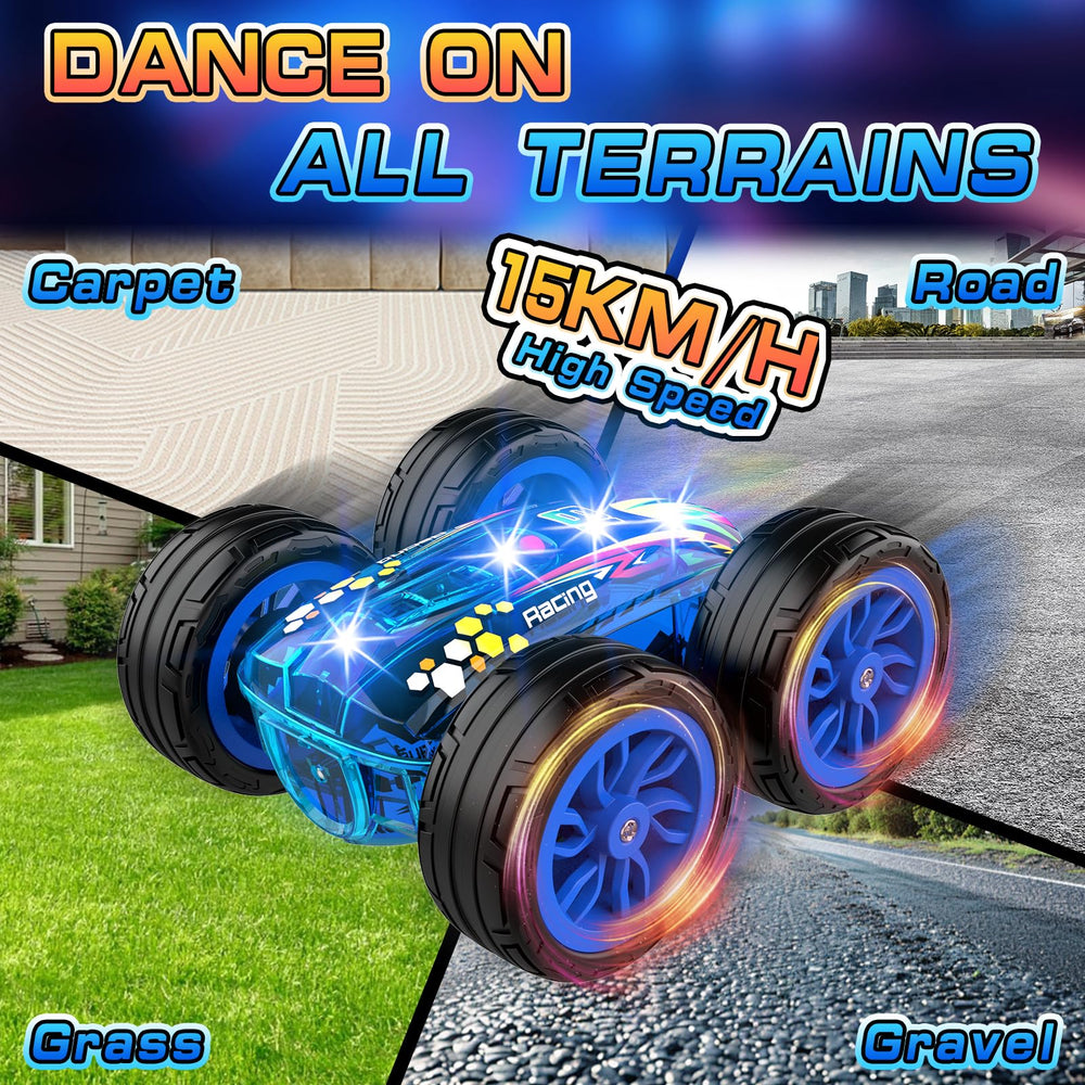 HuToYii mini stunt car reaches up to 15 km/h for fast action.