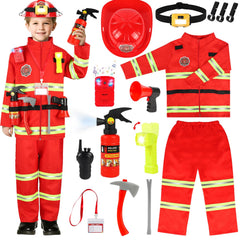 HUUIDY firefighter costume jacket and pants with reflective strips for durable pretend play.