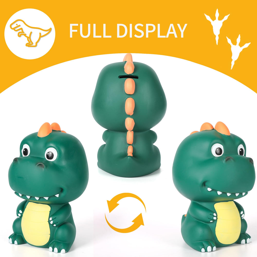 Top coin slot on H&W dinosaur bank for easy deposits
