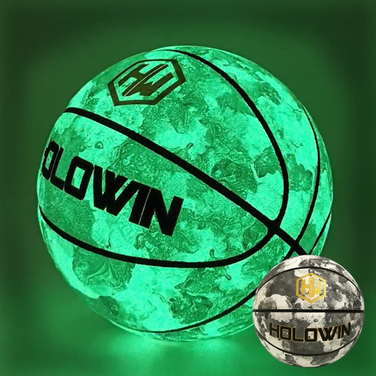 HW HOLOWIN Reflective basketball glows under flash for night play.