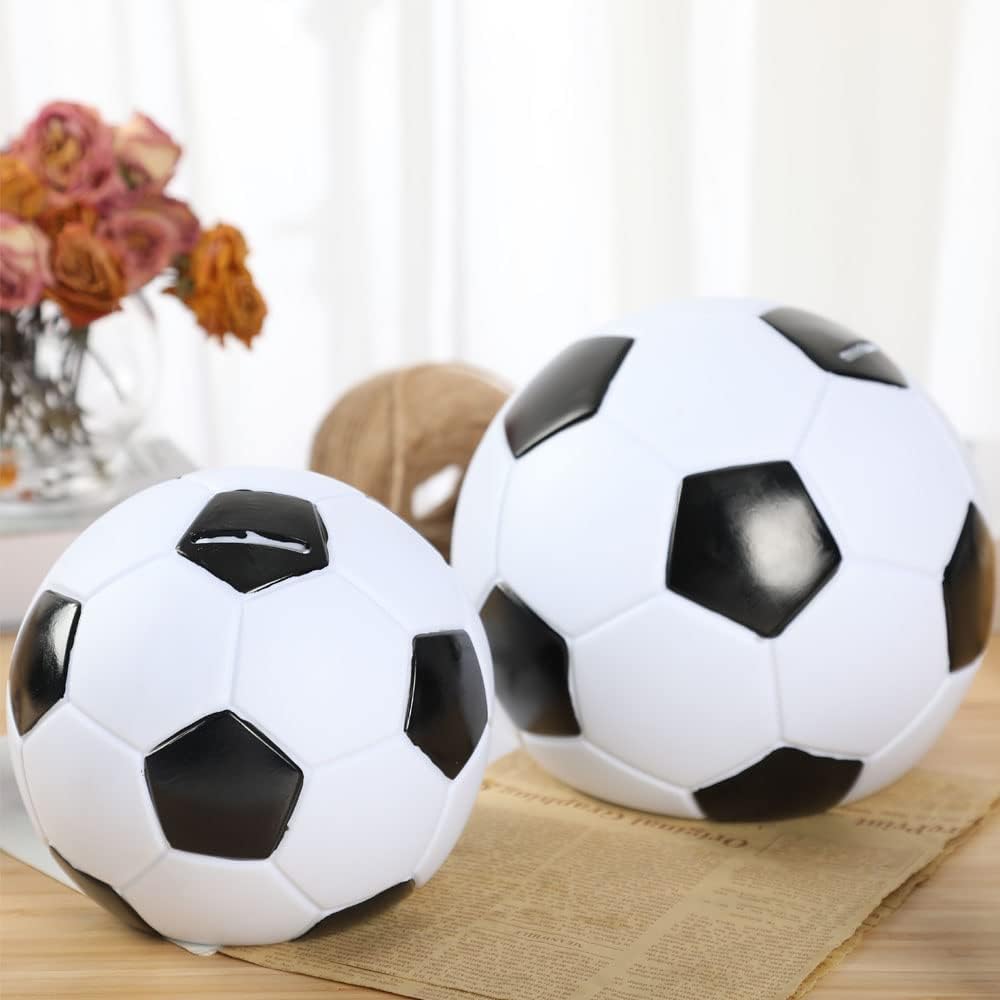 H&W Soccer Piggy Bank size 6.5 inches fits desks and shelves.