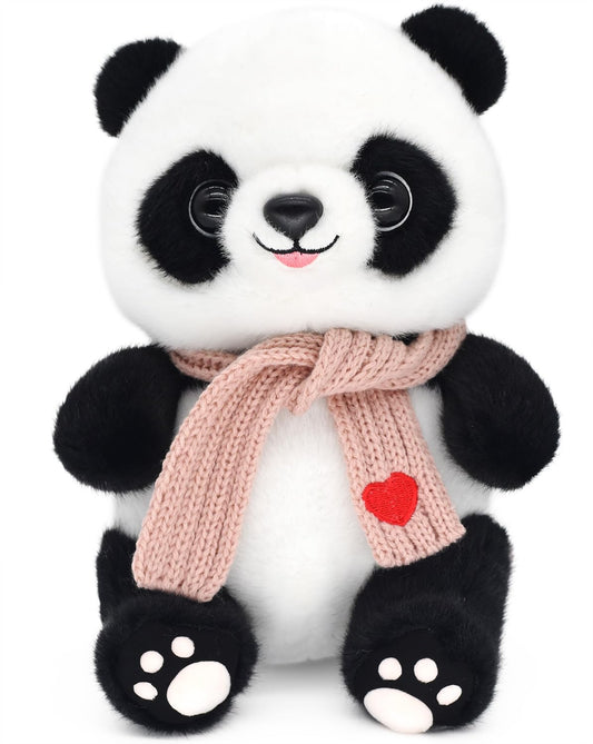 HWD Panda doll with love heart scarf in pink, front view, ideal gift