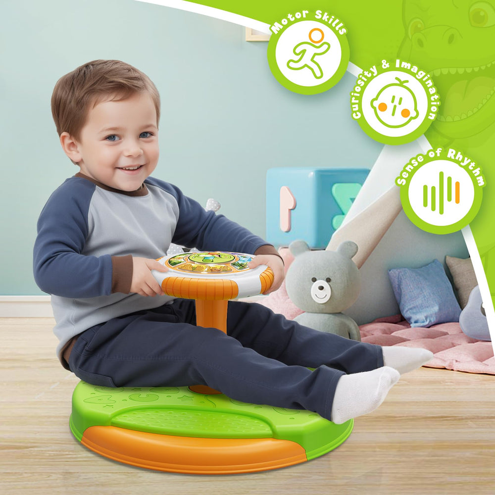 HYES Dinosaur Sit and Spin battery compartment powers lights and sound effects.