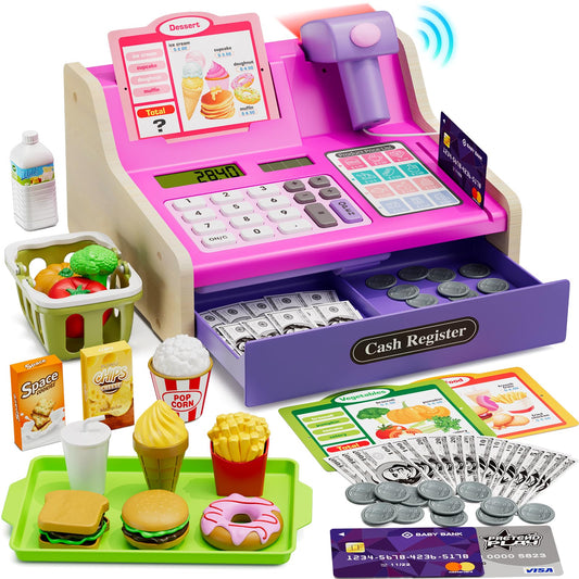 HYES pink cash register toy with LED scanner for realistic pretend shopping.