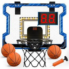 HYES mini basketball hoop on door with LED scoreboard showing score and glow features