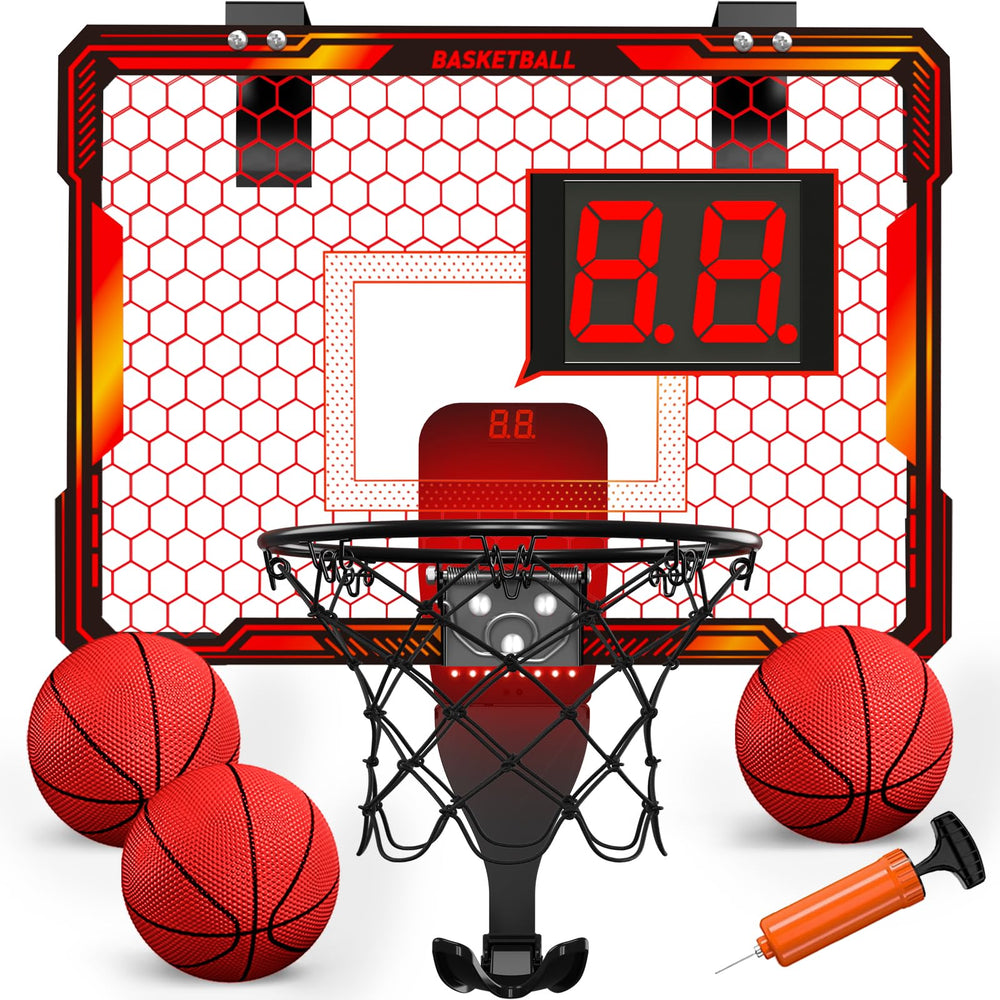 HYES Mini Basketball Hoop on door with LED lights for vibrant family play.