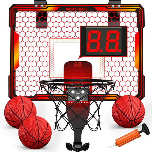 HYES Mini Basketball Hoop on door with LED lights for vibrant family play.
