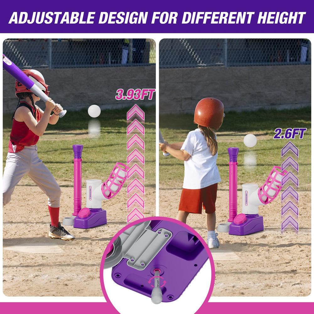 HYES Tball Set adjustable tee stand supports growth from toddlers to preschoolers.