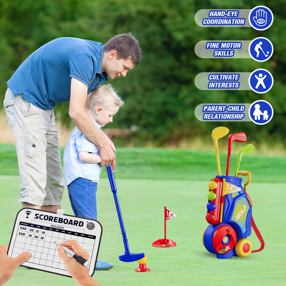 HYES Toddler Golf Set rolling storage cart makes cleanup quick.