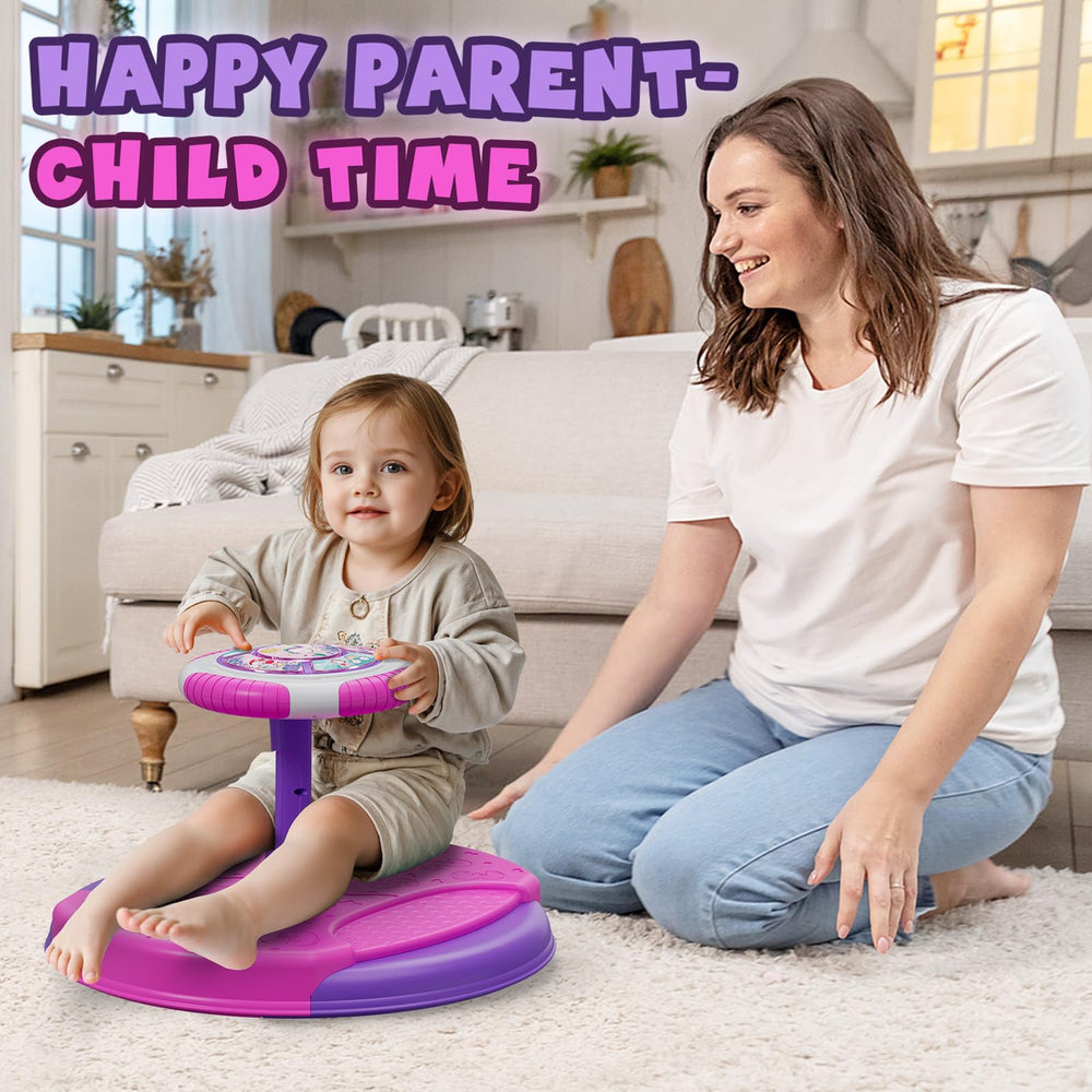 HYES Unicorn sit and spin toy four music modes foster sensory exploration.