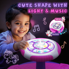 HYES Unicorn sit and spin toy LED lights create visual stimulation during imaginative play.