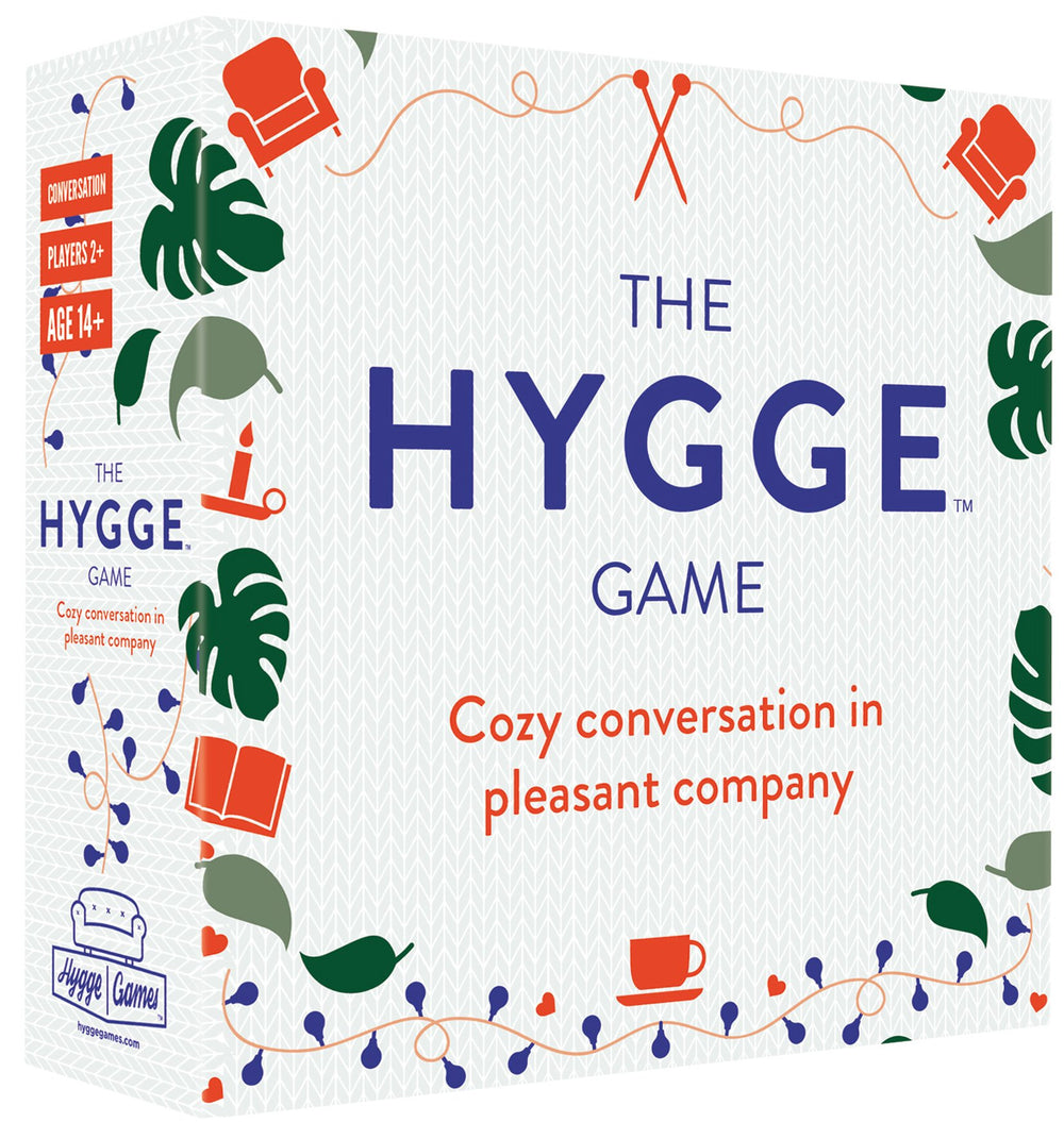 The Hygge Game multicolored packaging promotes warm, engaging conversations for friends and family.