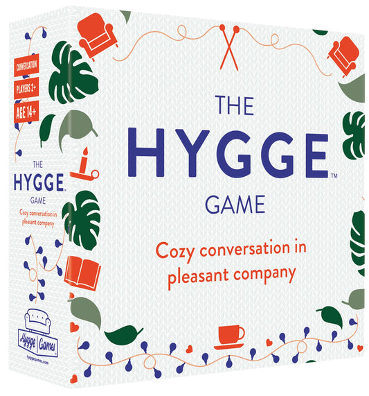 The Hygge Game multicolored packaging promotes warm, engaging conversations for friends and family.