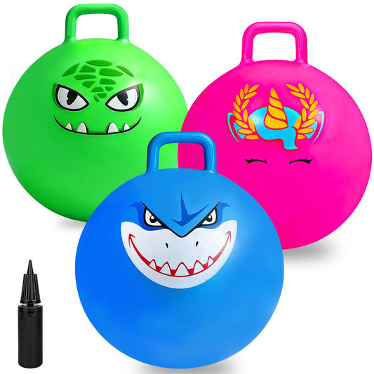 Hymaz Bounce Balls with Handles, 18-inch, three-pack for safe indoor and outdoor play.
